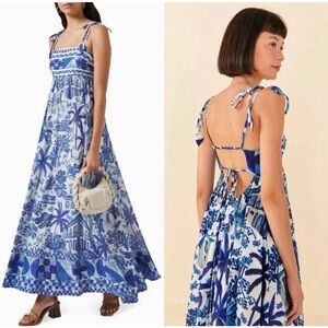 Farm Rio Sweet Rio Blue White Tropical Print Tie Maxi Dress Size XL